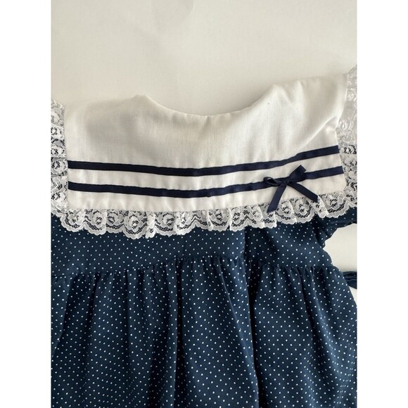 Vintage Kandy Ann Little Girl’s Navy White Polka Dot Collar Dress Size 9 Mos - Picture 2 of 5